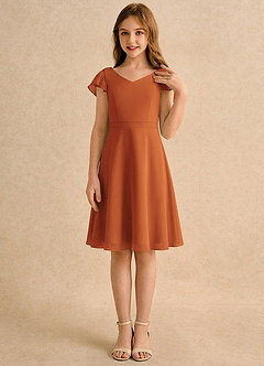 Azazie Narin Girls Formal Robe Demoiselle D'honneur Fillette Robe Trapèze en Mousseline de soie avec manches Cannelle image4
