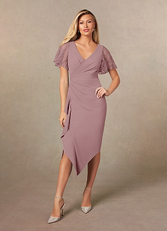 Azazie Eloise Mother of the Bride Dresses Dusty Rose Sheath Pleated Stretch Crepe Dress image1