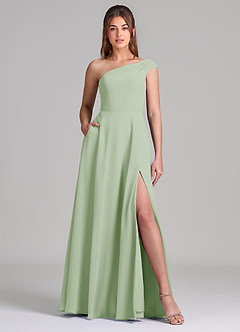 Azazie Melanie 신부 들러리 드레스 A라인 오프 더 숄더 쉬폰 바닥 길이 드레스 image1