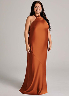 Azazie Velli Bridesmaid Dresses Cinnamon Mermaid High Neck Stretch Satin Dress image9