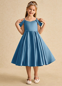 Azazie Favia Flower Girl Dresses Steel Blue A-Line Off the Shoulder Matte Satin Dress image4