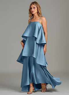 Azazie Azalea Robes de demoiselle d'honneur Robe Trapèze en Satin extensible Drapé Acier Bleuté image4