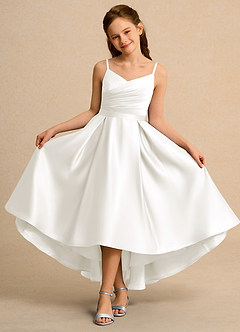 Azazie Sweets Girl Jurken voor bloemenmeisjes A-Lijn Jurk van Mat Satijn Geplooid Ivoor image4