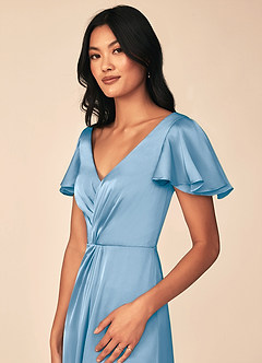 Azazie Soren Bridesmaid Dresses Powder Blue A-Line Pleated Stretch Satin Dress image7