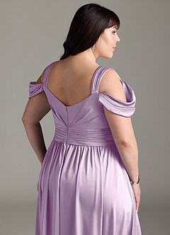 Azazie Lianne Bridesmaid Dresses Frosted Lilac A-Line Off the Shoulder Stretch Satin Dress image7