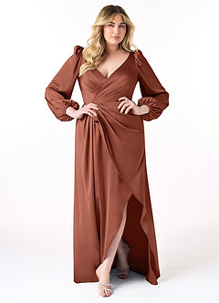 Azazie Mel Brautjungfernkleider Etui Langarm Stretch-Satin Kleid Lehm image7
