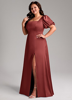 Azazie Fyona Robes de demoiselle d'honneur Robe Trapèze en Satin extensible Plissé Terracotta image5