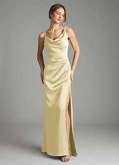 Azazie Samara Bridesmaid Dresses Lemon Sorbet Mermaid Pleated Stretch Satin Dress image1