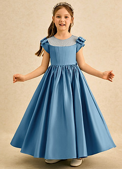 Azazie Toffee Abiti da Ragazza di Fiori Abito Stile Principessa in Raso Opaco Fiocco Blu Acciaio image3