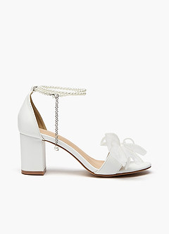 front Pearl Ankle Strap and Bow Block Heel Sandals