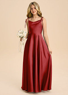 Azazie Popsy Junior Pomegranate A-Line Bow Stretch Satin Dress image5