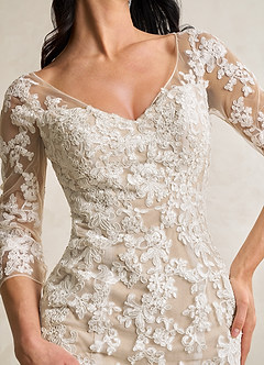 Azazie Neela Hochzeitskleider Meerjungfrau-Linie V-Hals Spitze Tüll Kleid Diamantweiß Nude image8