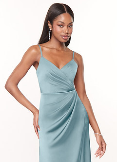 Azazie Maci Bridesmaid Dresses Moody Blue A-Line V-Neck Pleated Stretch Satin Dress image5