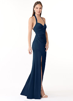 Azazie Emeria Vestidos de damas de honor Vestido de Azul Marino Oscuro de Satén Elástico de Corte Sirena con Plisado image4