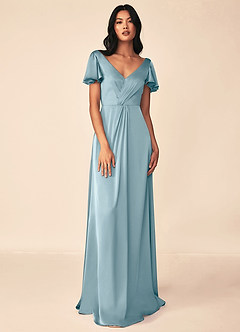 Azazie Soren Vestidos de damas de honor Vestido de Azul Malhumorado de Satén Elástico de Corte en A con Plisado image1