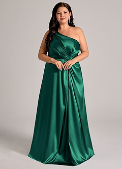 Azazie Brooke Bridesmaid Dresses Emerald A-Line One Shoulder Metallic Satin Dress image11
