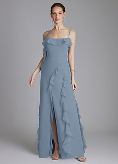 Azazie Malia At-home Try On Dresses Dusty Blue Sheath Ruched Chiffon Dress image4