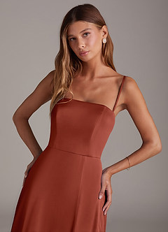 Azazie Wren Jurken voor bruidsmeisjes Converteerbaar Jurk van Stretch Satijn met A-Lijn Strapless Terracotta image2