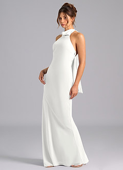 Azazie Velli Robes de demoiselle d'honneur Robe Sirène en Mousseline de soie Col Haut Blanc image1