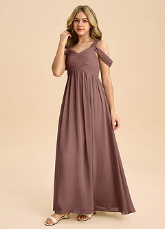 Azazie Lianne Junior Espresso A-Line Off the Shoulder Chiffon Dress image6
