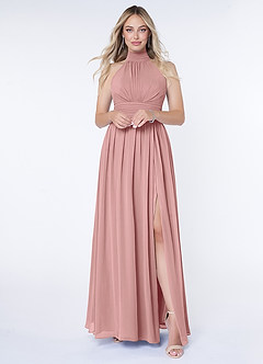 Azazie Iman Vestidos de damas de honor Vestido de Rosa Polvorienta de Gasa de Corte en A con Línea A fruncida image1