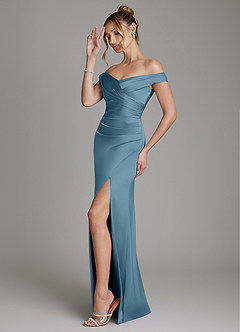 Azazie Teyana Bridesmaid Dresses Bermuda Sheath Off the Shoulder Stretch Satin Dress image5