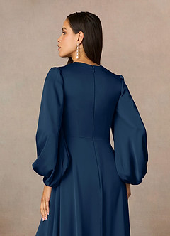 Azazie Luna Mother of the Bride Dresses Dark Navy A-Line Pleated Stretch Satin Dress image11