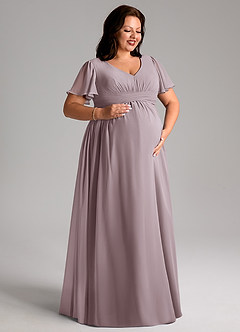 Azazie Verna Robes de demoiselle d'honneur de maternité Robe Trapèze Col V froncé Longueur ras du sol Mousseline de soie image10