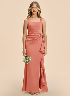 Azazie Adrienne Junior Salmon Pink Sheath Pleated Stretch Satin Dress image3