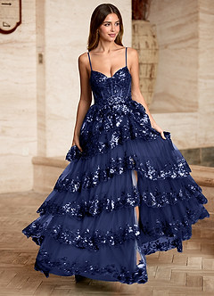 Tindra Dark Navy Sequins Ruffles Prom Dress image8