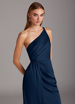 Azazie Mika Bridesmaid Dresses Dark Navy Sheath One Shoulder Stretch Satin Dress image7