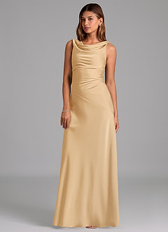 Azazie Nerine Jurken voor bruidsmeisjes Jurk van Stretch Satijn met A-Lijn Geplooid Goud image1