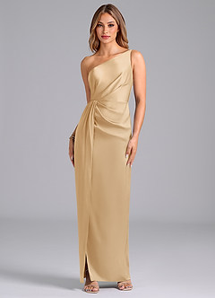 Azazie Naria Bridesmaid Dresses Gold Sheath One Shoulder Stretch Satin Dress image1