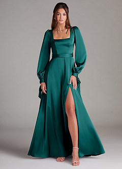 Azazie Leonia Bridesmaid Dresses Peacock A-Line Long Sleeve Stretch Satin Dress image1