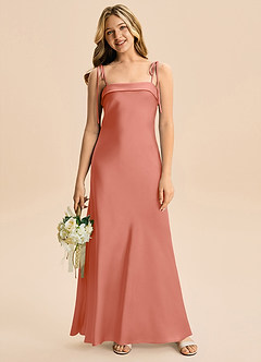 Azazie Willa Junior Vestido Rosa Salmón de Satén Elástico de Corte Sirena con Lazo image4