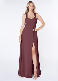 Azazie Jane Robes de demoiselle d'honneur Robe Trapèze en Mousseline de soie Col V plissé Sangria image1