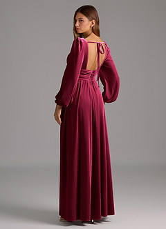 Azazie Norah Bridesmaid Dresses Burgundy A-Line Long Sleeve Velvet Dress image3