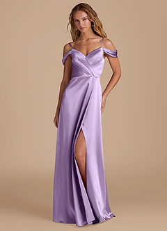 Azazie Ocean Bridesmaid Dresses Lilac A-Line Off the Shoulder Metallic Satin Dress image3