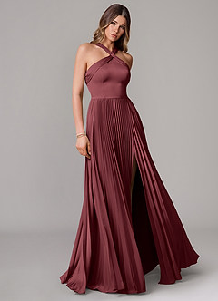 Azazie Afra Robes de demoiselle d'honneur Robe Trapèze en Satin extensible Plissée Merlot image1