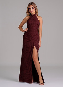 Azazie Jemma Bridesmaid Dresses Cabernet A-Line Pleated Floral Burnout Dress image4