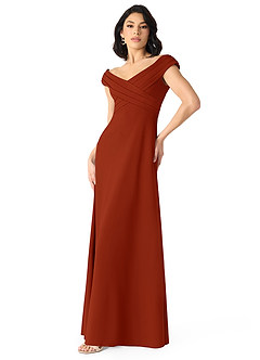 Azazie Evita Bridesmaid Dresses Rust A-Line Off the Shoulder Stretch Crepe Dress image3