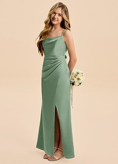 Azazie Christen Junior Matcha Sheath Pleated Stretch Satin Dress image3