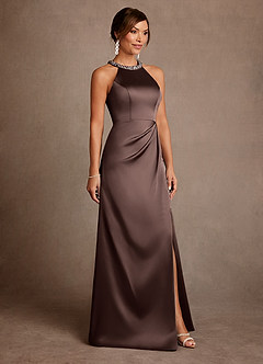 Azazie Lawrence At-home Try On Dresses Champagne A-Line Pleated Stretch Satin Dress image7