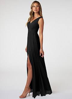 Azazie Tanicia Vestidos de damas de honor Vestido de Negro de Malla de Corte en A con Cuello de pico plisado image3