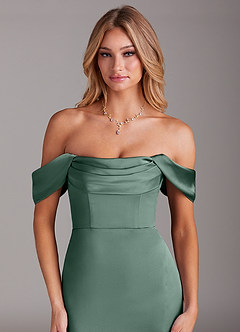 Azazie Saige Bridesmaid Dresses Eucalyptus Sheath Off the Shoulder Stretch Satin Dress image7