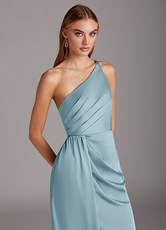Azazie Mika Bridesmaid Dresses Moody Blue Sheath One Shoulder Stretch Satin Dress image7