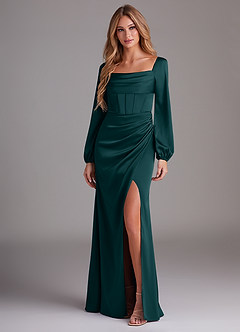 Azazie Charissa Bridesmaid Dresses Pine Sheath Long Sleeve Stretch Satin Dress image4