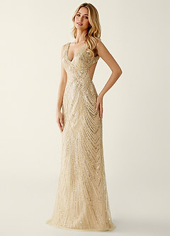 Hazelen Champagne Sequin Embroidery Beading Tulle Off-the-Shoulder Prom Dress image4