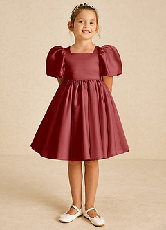 Azazie Muffin Flower Girl Dresses Rust A-Line with Sleeves Matte Satin Dress image2