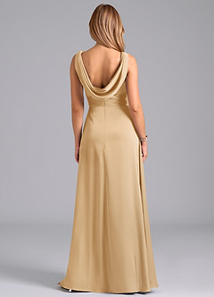 Azazie Karina Bridesmaid Dresses Gold A-Line Pleated Stretch Satin Dress image6
